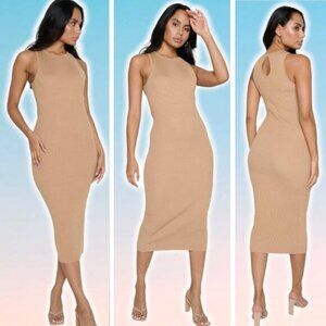 PRETTY LAVISH Billie Ribbed Racer Midi Dress Camel Sz Large